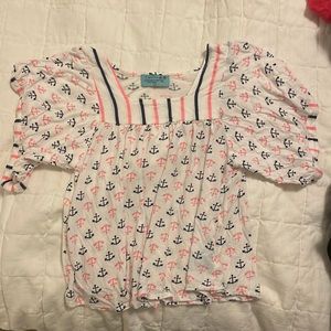 Petite Letarde white, pink, and blue beach shirt